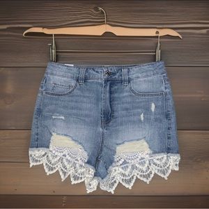 Almost Famous Super High Rise Destroyed Denim Lace Trim Short